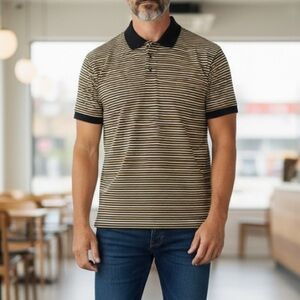 T. HARRIS London Classic Black Tan Striped Men's size Large Cotton Polo Shirt